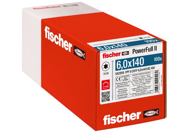 Packaging: "fischer Full thread screw PowerFull II CHTF 6.0 x 140 BC 100 cylinder head TX star recess full thread blue zinc plated"