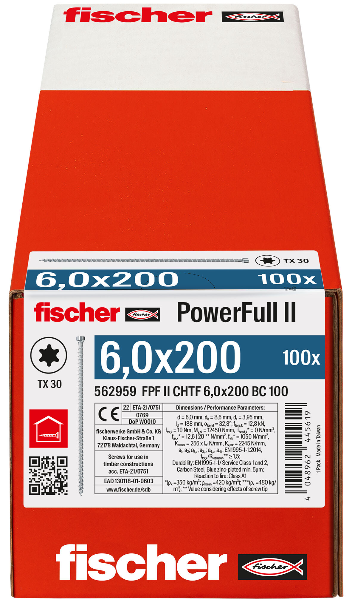 Packaging: "fischer Full thread screw PowerFull II CHTF 6.0 x 200 BC 100 cylinder head TX star recess full thread blue zinc plated"