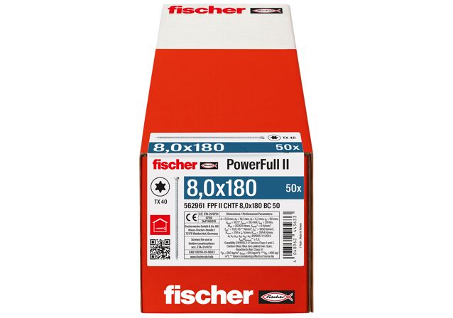 Packaging: "fischer täyskierreruuvi PowerFull II CHTF 8,0x180 BC 50 lieriökanta TX ristipää täyskierre sininen sinkitty"