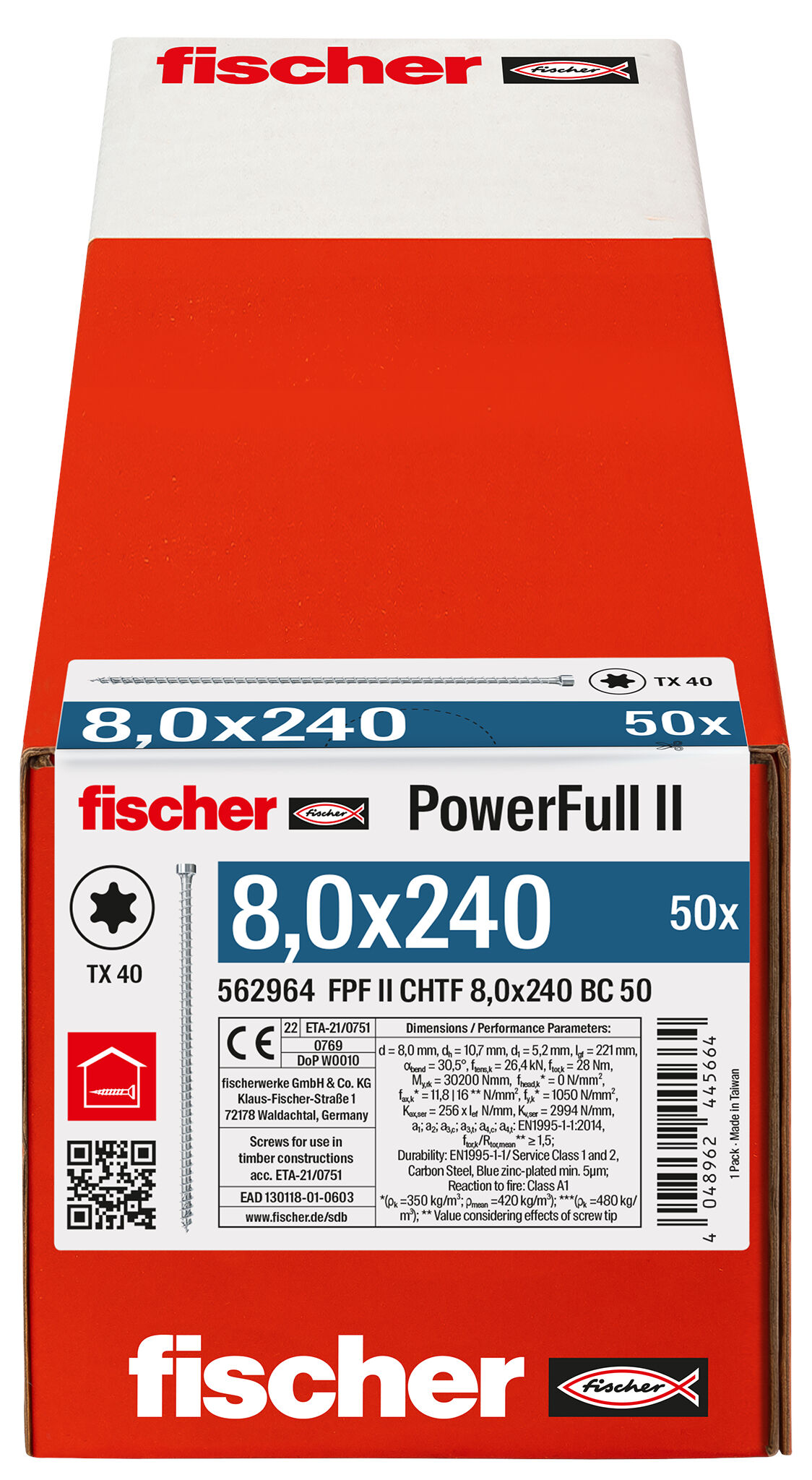 Packaging: "fischer Full thread screw PowerFull II CHTF 8.0 x 240 BC 50 cylinder head TX star recess full thread blue zinc plated"