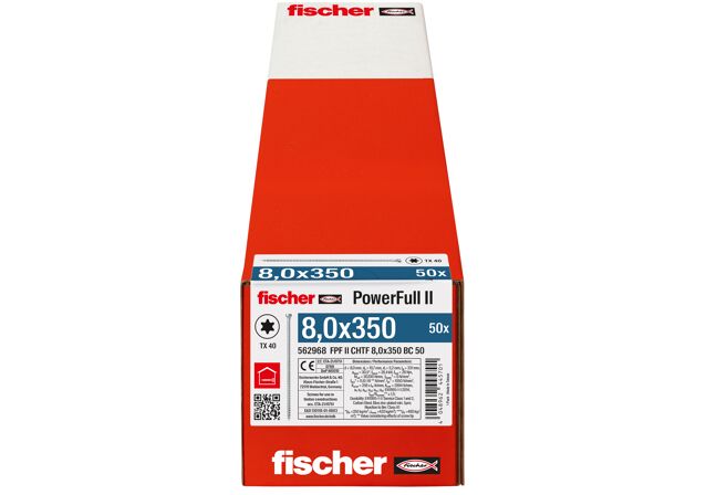 Packaging: "fischer täyskierreruuvi PowerFull II CHTF 8,0x350 BC 50 lieriökanta TX ristipää täyskierre sininen sinkitty"