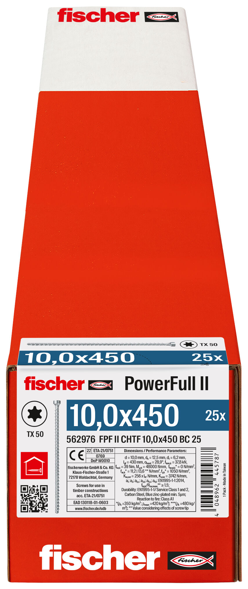 Packaging: "fischer Full thread screw PowerFull II CHTF 10.0 x 450 BC 25 cylinder head TX star recess full thread blue zinc plated"