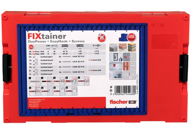 Packaging: "fischer FixTainer DuoPower + EasyHook + Vidalar"