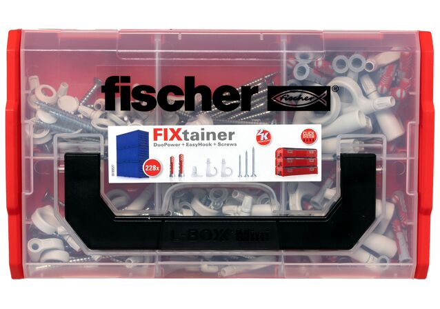 Packaging: "fischer FixTainer DuoPower + EasyHook + Vidalar"