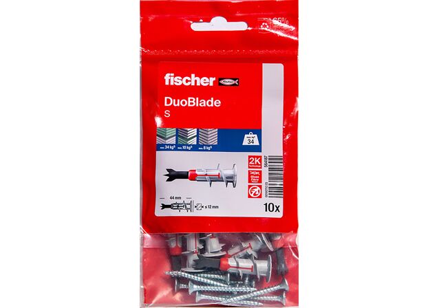 Packaging: "Cheville autoforeuse pour plaques de carton plâtre fischer DuoBlade S avec vis"