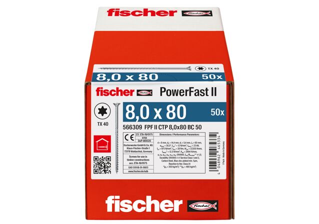 Emballasje: "fischer PowerFast FPF II CTP Konstruksjonsskrue 8.0 x 80 BC à50 stk med senkhode TX delgjenget ELZ for innendørs bruk"