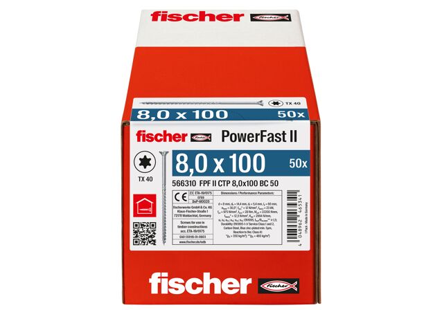 Emballasje: "fischer PowerFast FPF II CTP Konstruksjonsskrue 8.0 x 100 BC à50 stk med senkhode TX delgjenget ELZ for innendørs bruk"