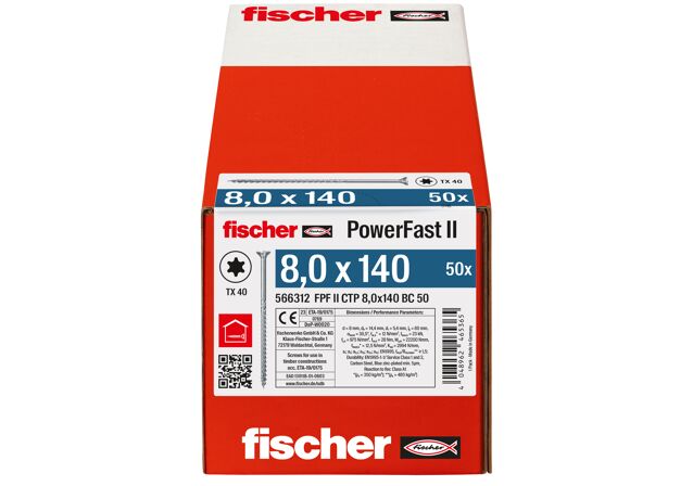 Emballasje: "fischer PowerFast FPF II CTP Konstruksjonsskrue 8.0 x 140 BC à50 stk med senkhode TX delgjenget ELZ for innendørs bruk"