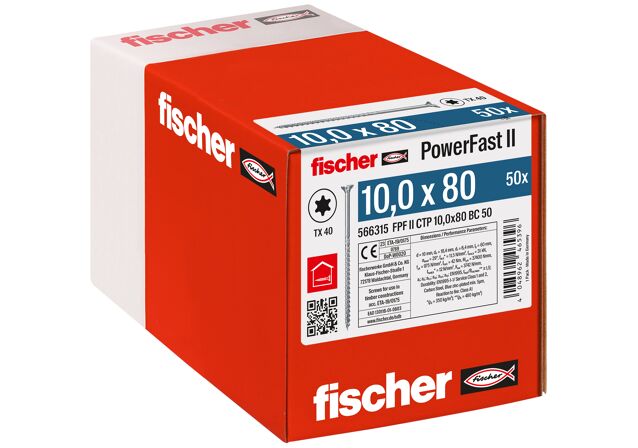 Emballasje: "fischer PowerFast FPF II CTP Konstruksjonsskrue 10.0 x 80 BC à50 stk med senkhode TX delgjenget ELZ for innendørs bruk"