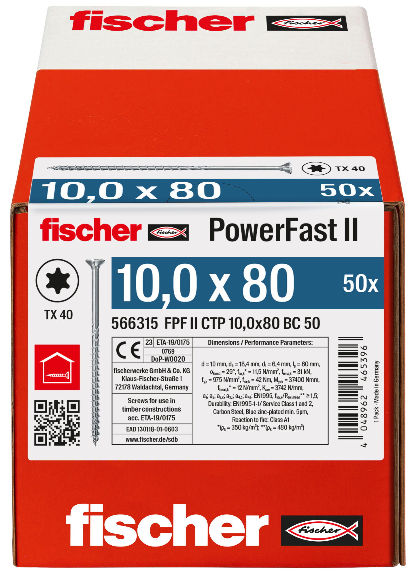 Packaging: "fischer PowerFast FPF II CTP 10.0 x 80 BC 50 countersunk head TX star recess partial thread blue zinc plated"