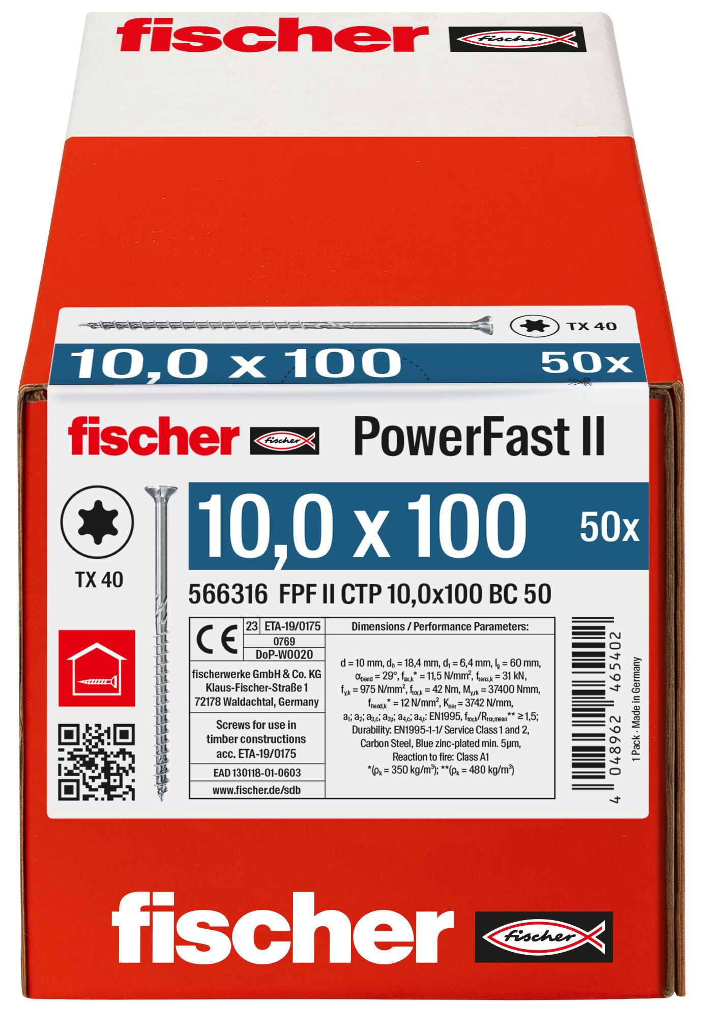 Packaging: "fischer PowerFast FPF II CTP 10.0 x 100 BC 50 countersunk head TX star recess partial thread blue zinc plated"