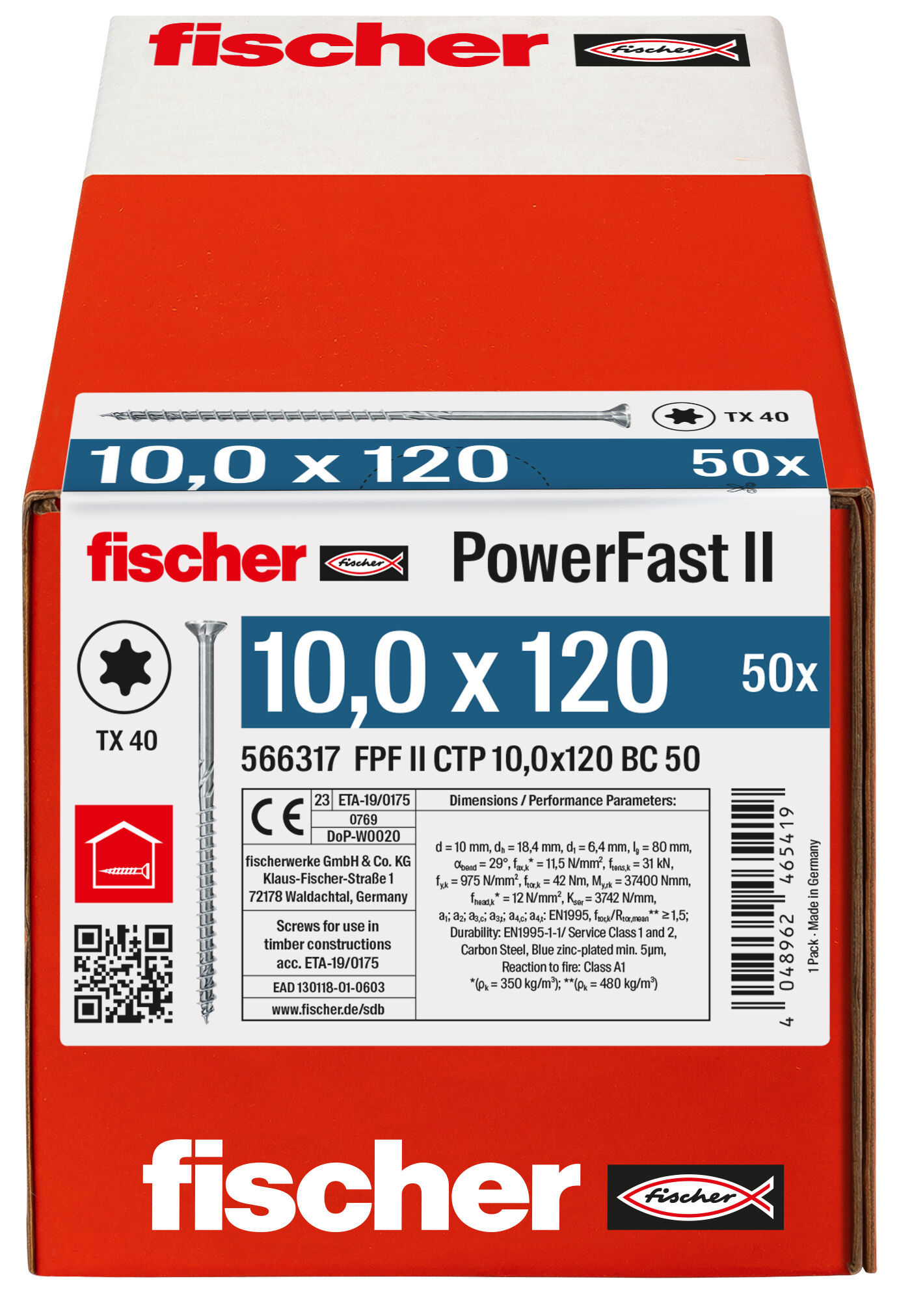 Packaging: "fischer PowerFast FPF II CTP 10.0 x 120 BC 50 countersunk head TX star recess partial thread blue zinc plated"