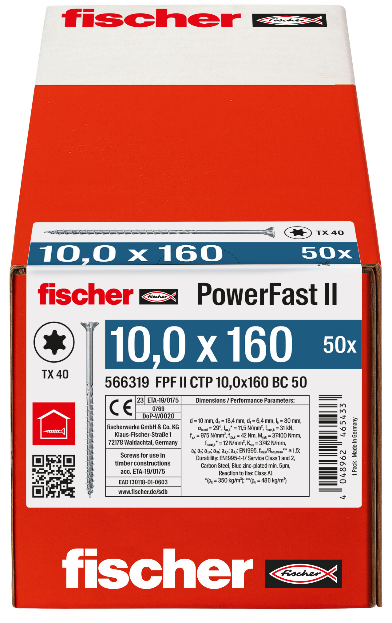 Packaging: "fischer PowerFast FPF II CTP 10.0 x 160 BC 50 countersunk head TX star recess partial thread blue zinc plated"