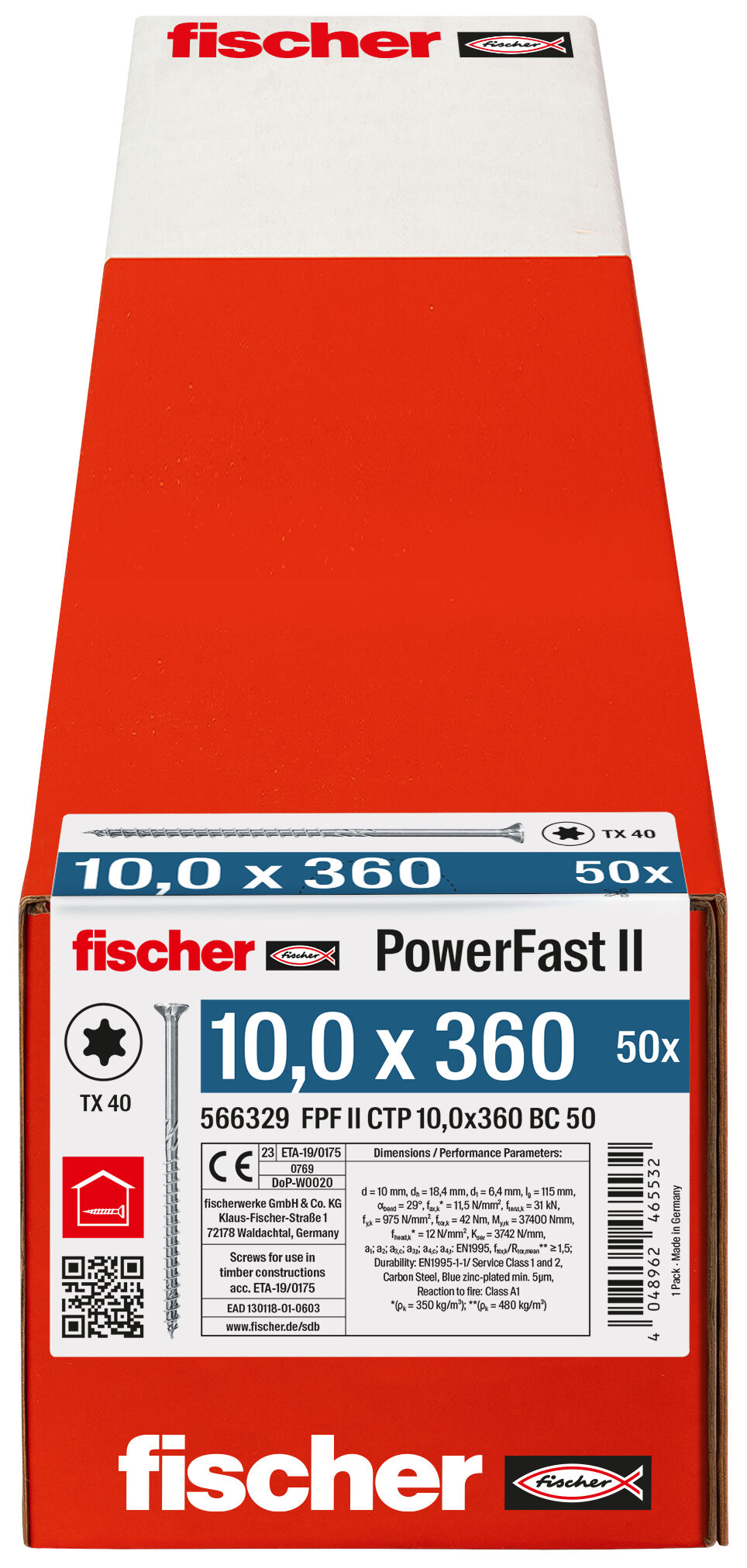 Packaging: "fischer PowerFast FPF II CTP 10.0 x 360 BC 50 countersunk head TX star recess partial thread blue zinc plated"