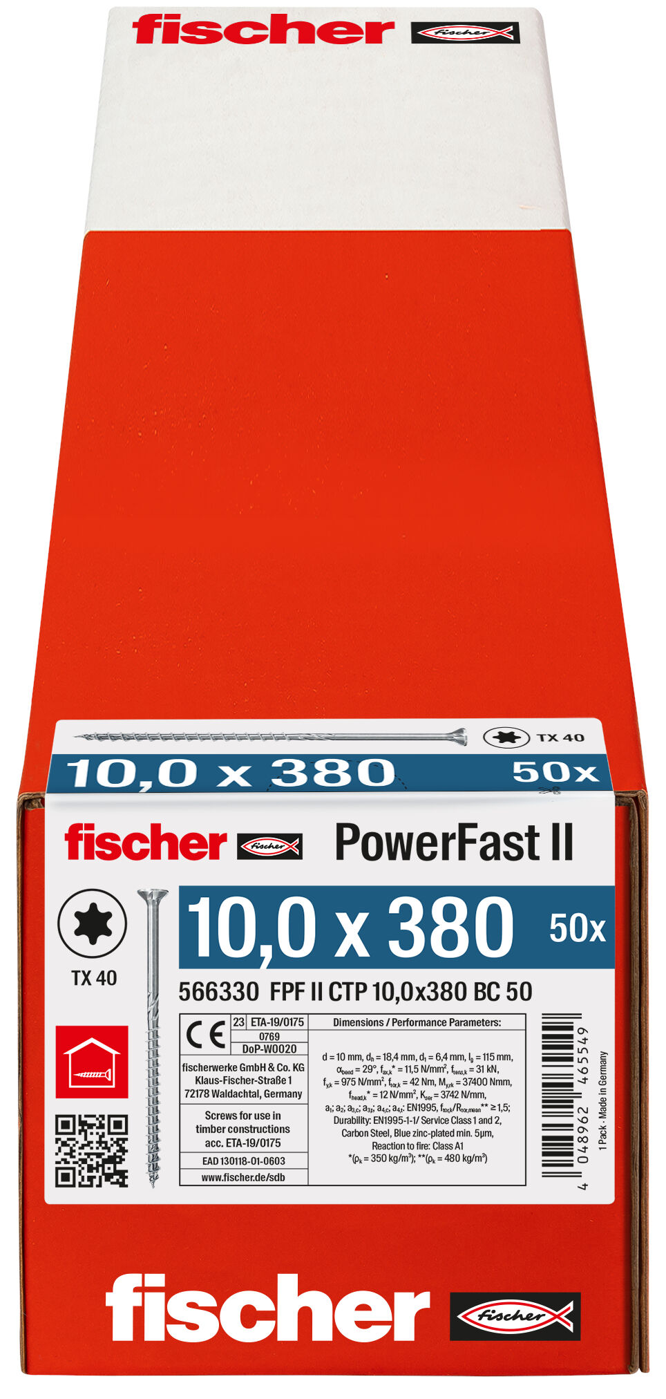 Packaging: "fischer PowerFast FPF II CTP 10.0 x 380 BC 50 countersunk head TX star recess partial thread blue zinc plated"