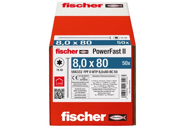 Emballasje: "fischer PowerFast FPF II WTP Konstruksjonsskrue 8.0 x 80 BC à50 stk med montasjehode TX delgjenget ELZ for innendørs bruk"