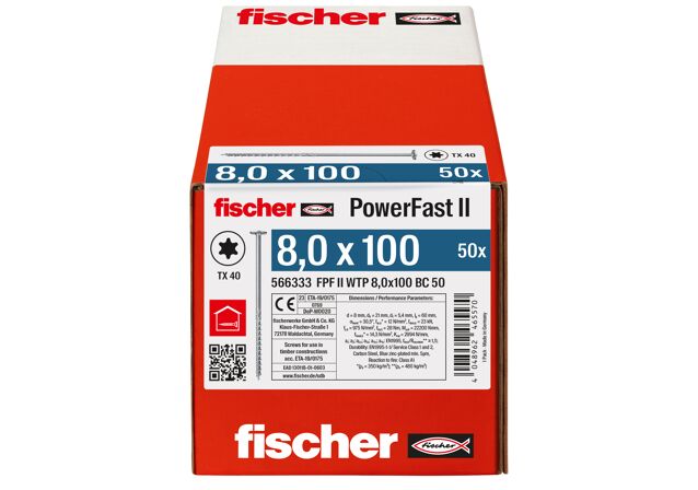 Emballasje: "fischer PowerFast FPF II WTP Konstruksjonsskrue 8.0 x 100 BC à50 stk med montasjehode TX delgjenget ELZ for innendørs bruk"