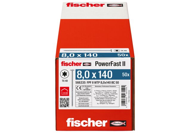 Emballasje: "fischer PowerFast FPF II WTP Konstruksjonsskrue 8.0 x 140 BC à50 stk med montasjehode TX delgjenget ELZ for innendørs bruk"
