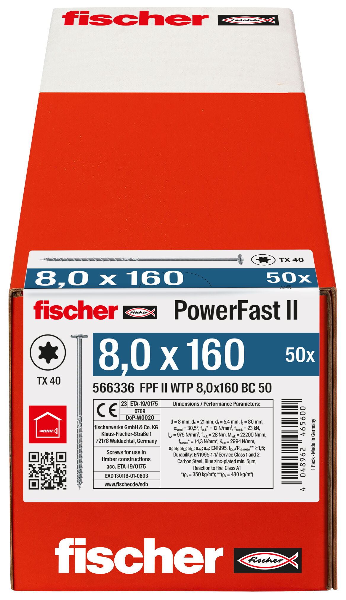 Packaging: "fischer PowerFast FPF II WTP 8.0 x 160 BC 50 flange head TX star recess partial thread blue zinc plated"