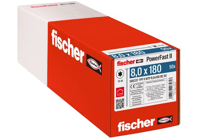 Emballasje: "fischer PowerFast FPF II WTP Konstruksjonsskrue 8.0 x 180 BC à50 stk med montasjehode TX delgjenget ELZ for innendørs bruk"