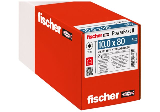 Packaging: "fischer PowerFast FPF II WTP 10.0 x 80 BC 50 flange head TX star recess partial thread blue zinc plated"