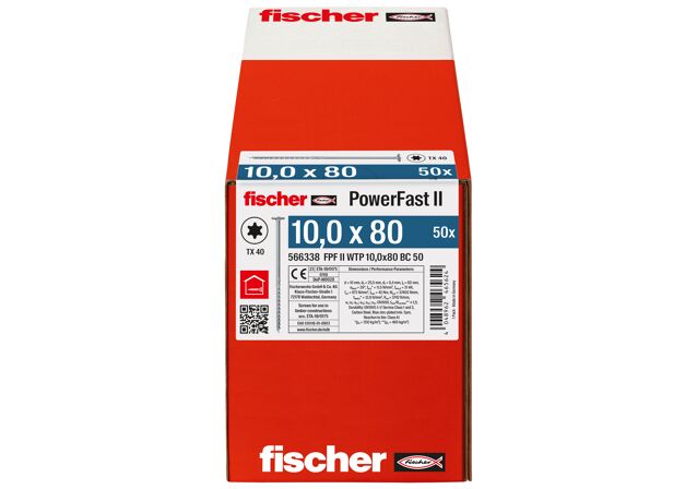 Emballasje: "fischer PowerFast FPF II WTP Konstruksjonsskrue 10.0 x 80 BC à50 stk med montasjehode TX delgjenget ELZ for innendørs bruk"
