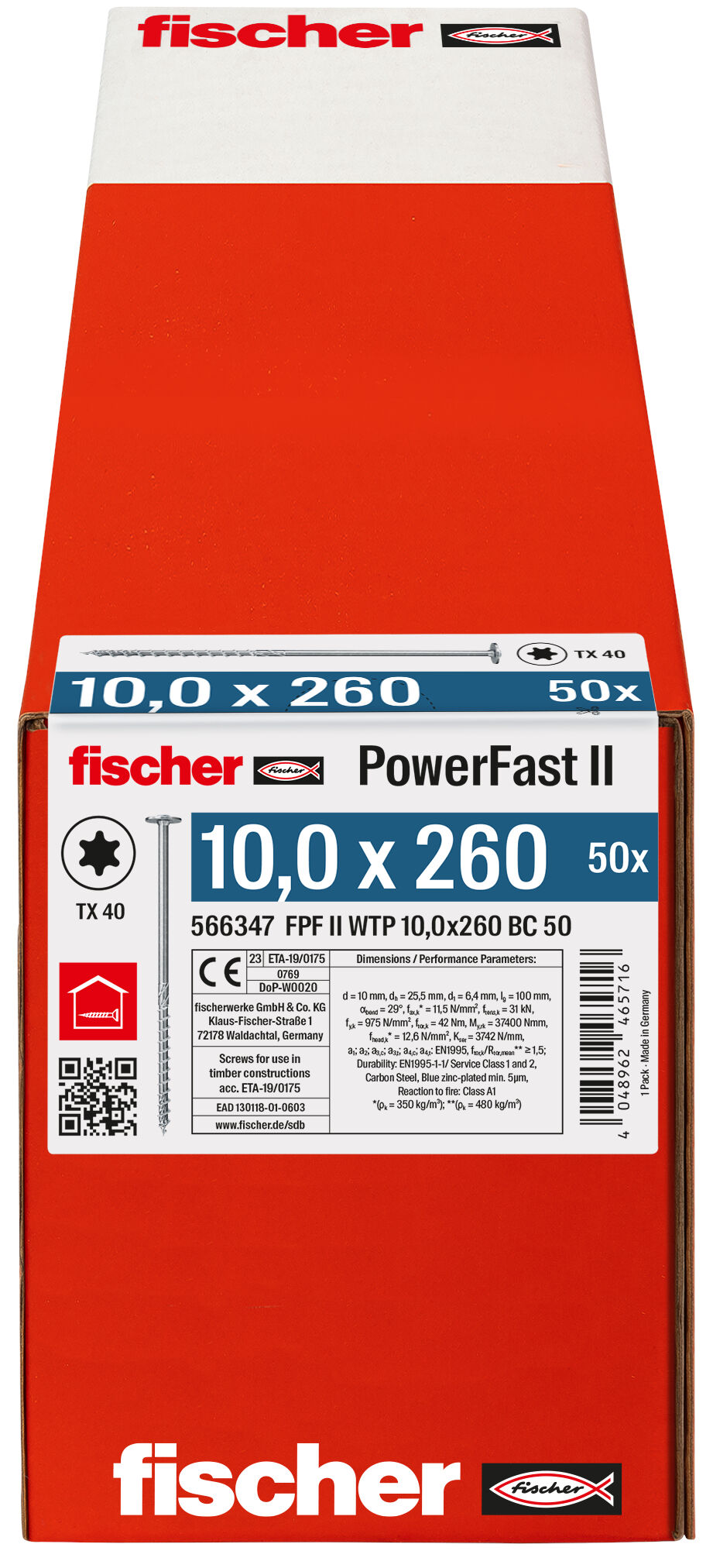 Packaging: "fischer PowerFast FPF II WTP 10.0 x 260 BC 50 flange head TX star recess partial thread blue zinc plated"