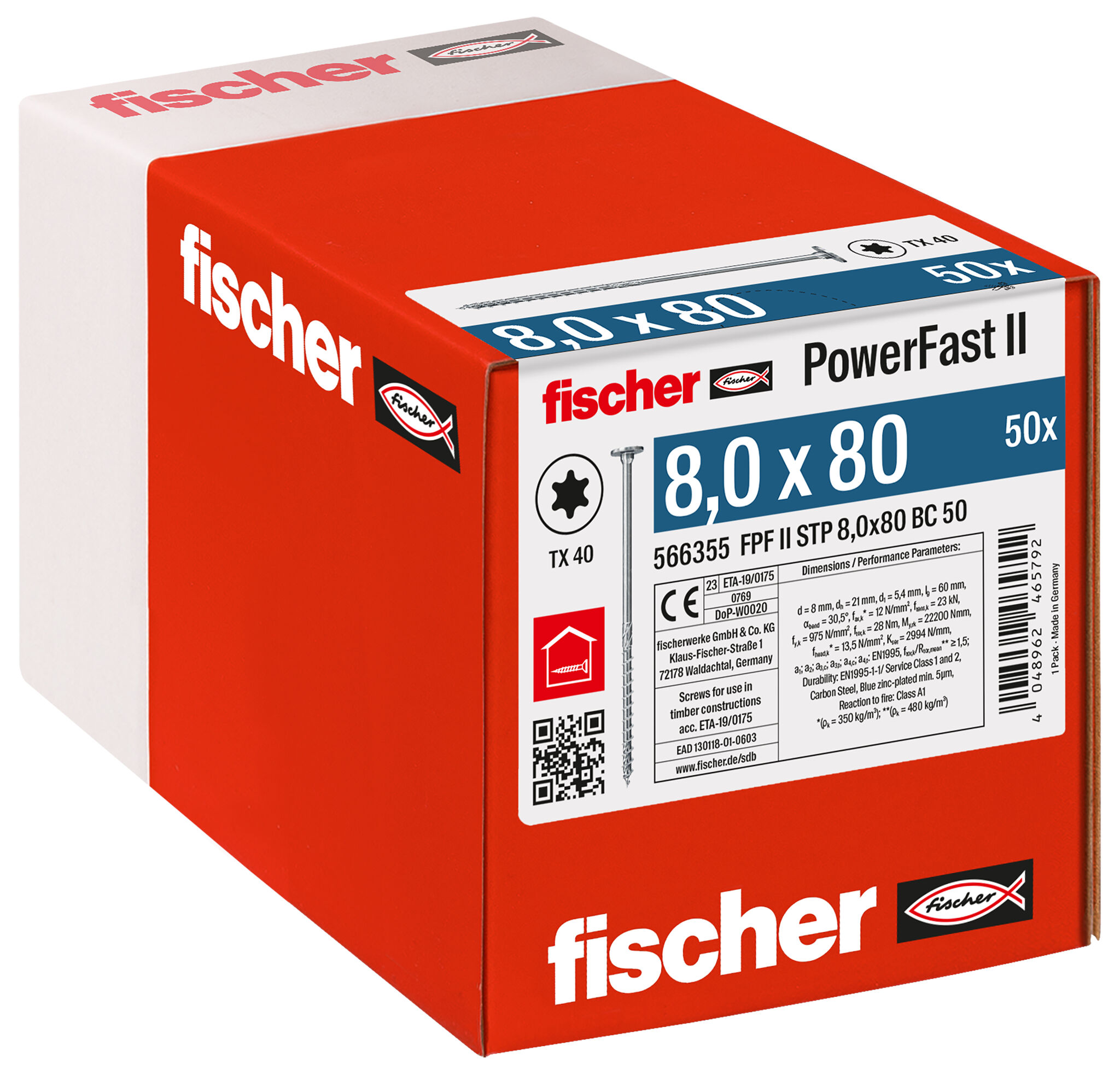 Packaging: "fischer PowerFast FPF II STP 8.0 x 80 BC 50 step countersunk head TX star recess partial thread blue zinc plated"