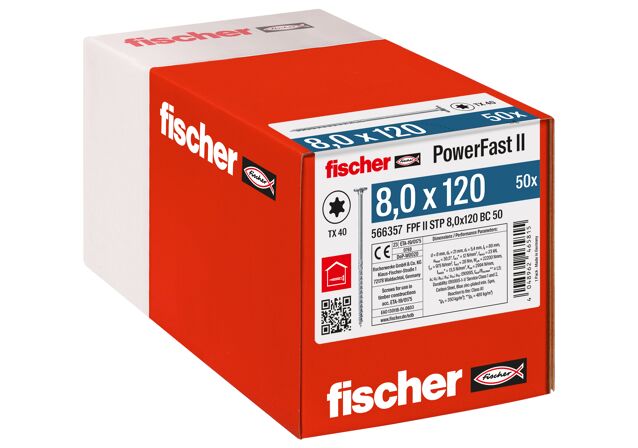 Emballasje: "fischer PowerFast FPF II STP Konstruksjonsskrue 8.0 x 120 BC à50 stk med 2-step undersenket flatt hode TX delgjenget ELZ for innendørs bruk"