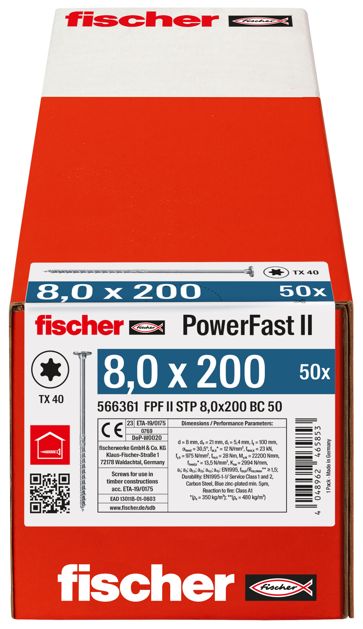 Packaging: "fischer PowerFast FPF II STP 8.0 x 200 BC 50 step countersunk head TX star recess partial thread blue zinc plated"