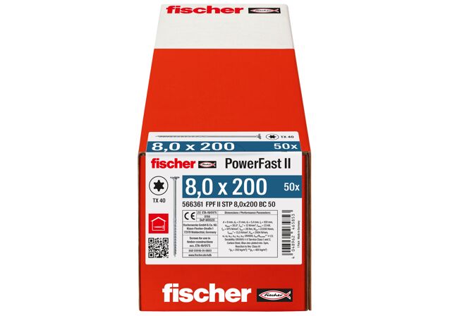 Emballasje: "fischer PowerFast FPF II STP Konstruksjonsskrue 8.0 x 200 BC à50 stk med 2-step undersenket flatt hode TX delgjenget ELZ for innendørs bruk"