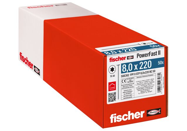 Emballasje: "fischer PowerFast FPF II STP Konstruksjonsskrue 8.0 x 220 BC à50 stk med 2-step undersenket flatt hode TX delgjenget ELZ for innendørs bruk"