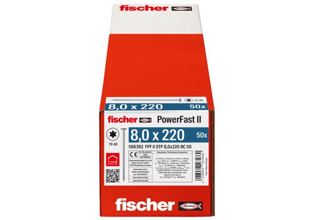 Emballasje: "fischer PowerFast FPF II STP Konstruksjonsskrue 8.0 x 220 BC à50 stk med 2-step undersenket flatt hode TX delgjenget ELZ for innendørs bruk"