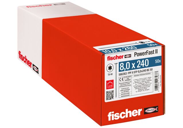 Emballasje: "fischer PowerFast FPF II STP Konstruksjonsskrue 8.0 x 240 BC à50 stk med 2-step undersenket flatt hode TX delgjenget ELZ for innendørs bruk"