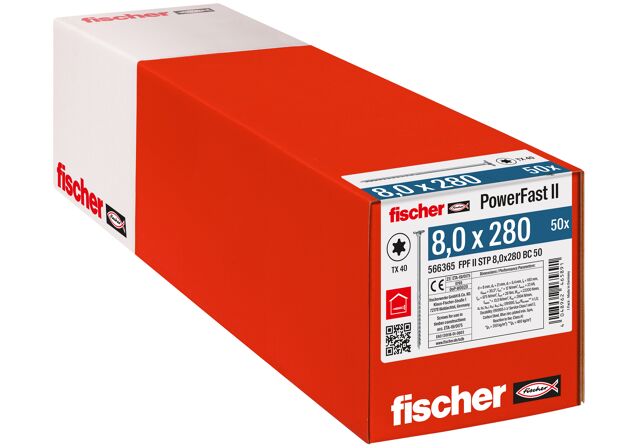 Emballasje: "fischer PowerFast FPF II STP Konstruksjonsskrue 8.0 x 280 BC à50 stk med 2-step undersenket flatt hode TX delgjenget ELZ for innendørs bruk"