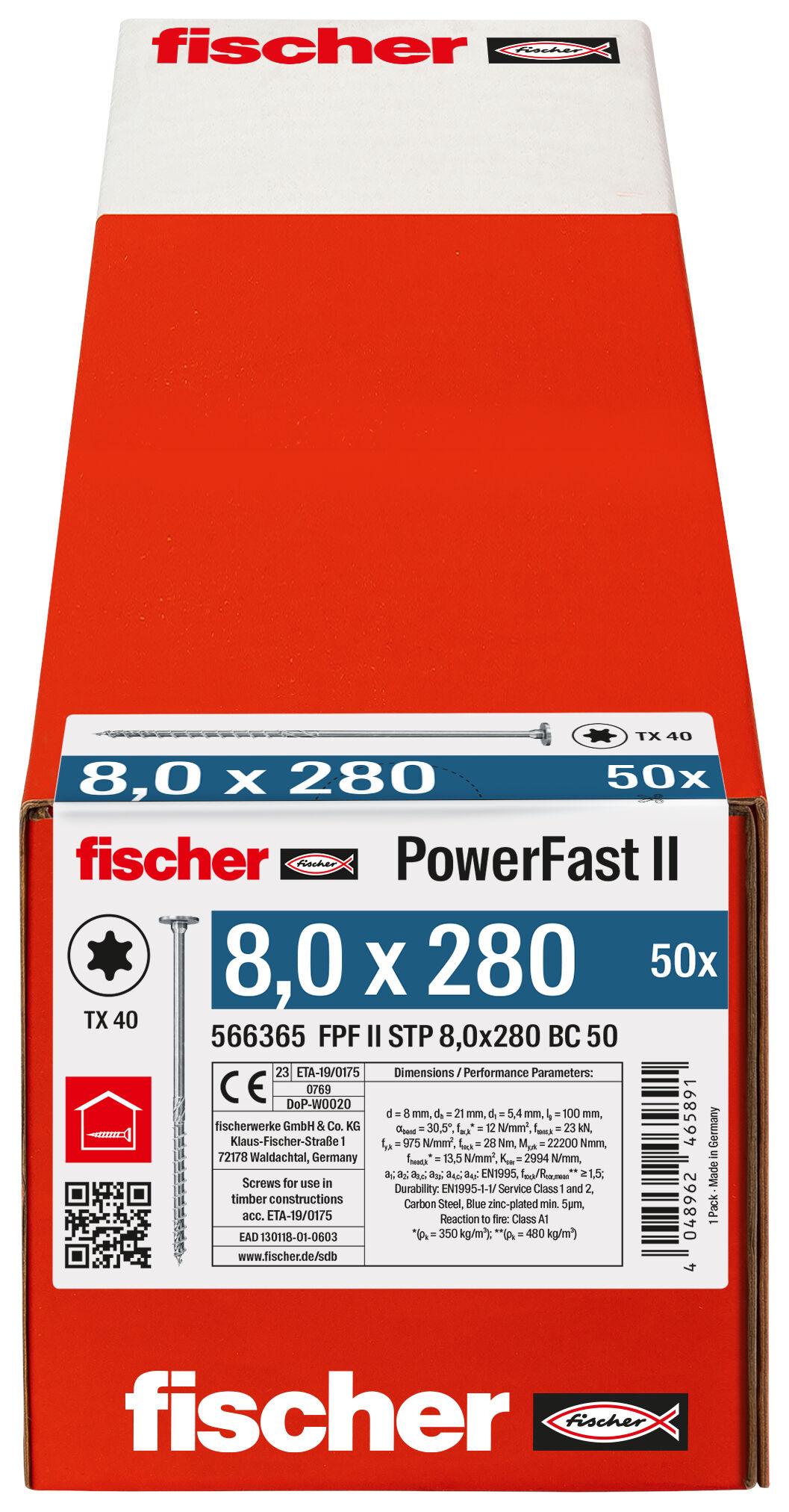 Packaging: "fischer PowerFast FPF II STP 8.0 x 280 BC 50 step countersunk head TX star recess partial thread blue zinc plated"