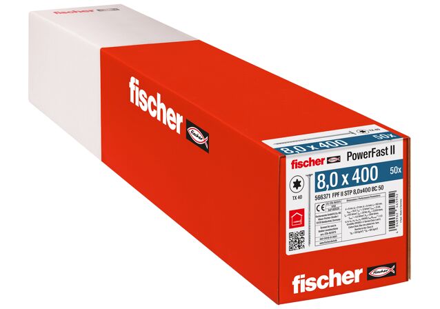 Emballasje: "fischer PowerFast FPF II STP Konstruksjonsskrue 8.0 x 400 BC à50 stk med 2-step undersenket flatt hode TX delgjenget ELZ for innendørs bruk"