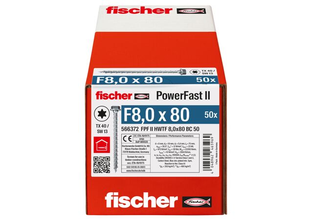 Emballasje: "fischer PowerFast FPF II HWTF Konstruksjonsskrue 8.0 x 80 BC à50 stk med sekskanthode TX helgjenget ELZ for innendørs bruk"