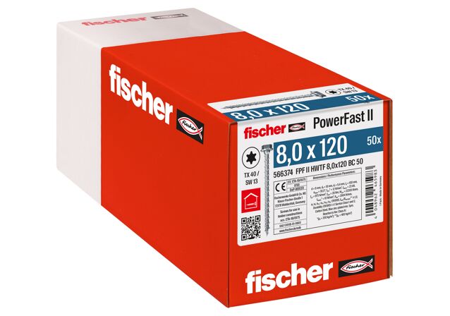 Packaging: "fischer PowerFast FPF II HWTF 8.0 x 120 BC 50 hexagonal head TX star recess full thread blue zinc plated"