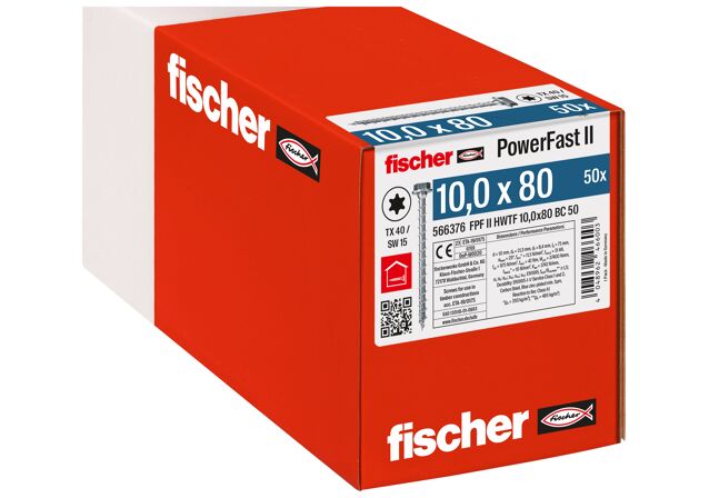 Packaging: "fischer PowerFast FPF II HWTF 10.0 x 80 BC 50 hexagonal head TX star recess full thread blue zinc plated"