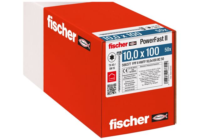 Emballasje: "fischer PowerFast FPF II HWTF Konstruksjonsskrue 10.0 x 100 BC à50 stk med sekskanthode TX helgjenget ELZ for innendørs bruk"