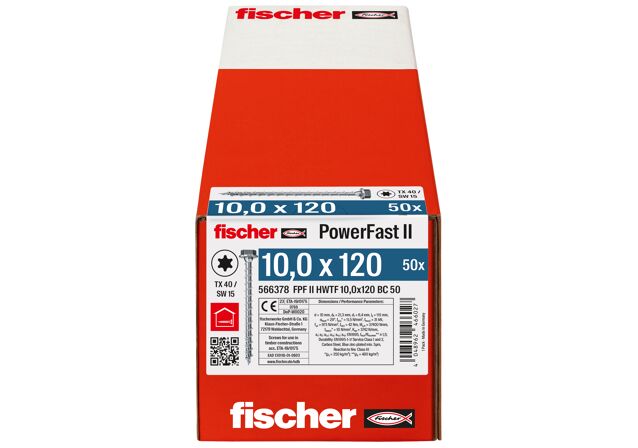 Emballasje: "fischer PowerFast FPF II HWTF Konstruksjonsskrue 10.0 x 120 BC à50 stk med sekskanthode TX helgjenget ELZ for innendørs bruk"