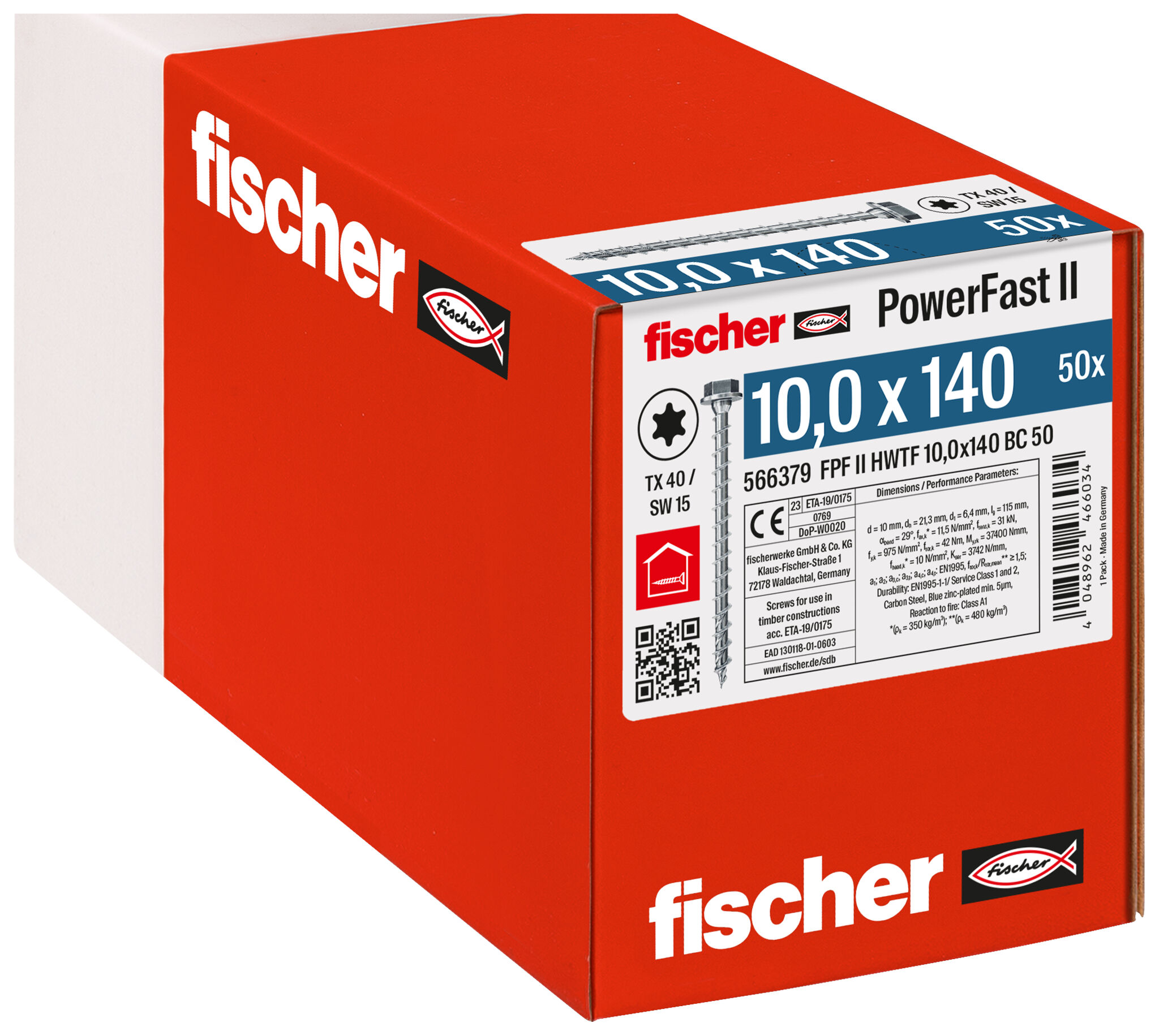 Packaging: "fischer PowerFast FPF II HWTF 10.0 x 140 BC 50 hexagonal head TX star recess full thread blue zinc plated"