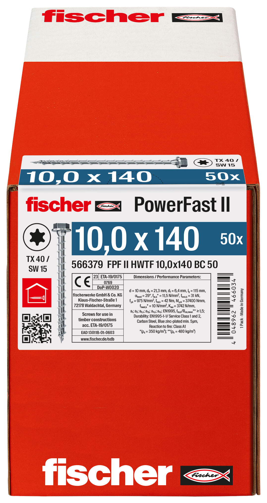 Packaging: "fischer PowerFast FPF II HWTF 10.0 x 140 BC 50 hexagonal head TX star recess full thread blue zinc plated"