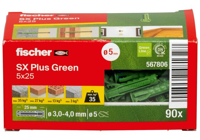 Packaging: "fischer Expansion plug SX Plus Green 5 x 25"