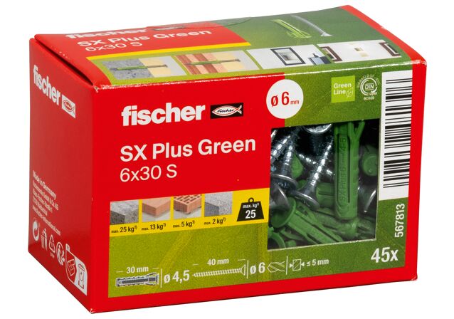 Emballasje: "fischer Nylonplugg SX Plus Green 6 x 30 S med skrue (NOBB 60129864)"