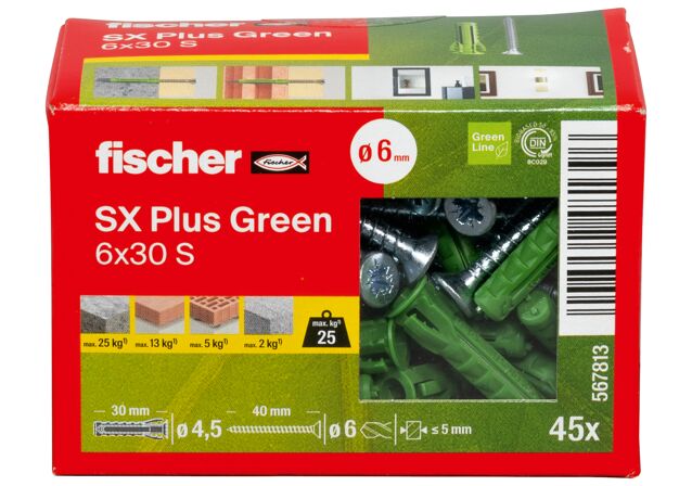 Packaging: "fischer Genişletme tapası SX Plus Green 6 x 30 S vidalı"