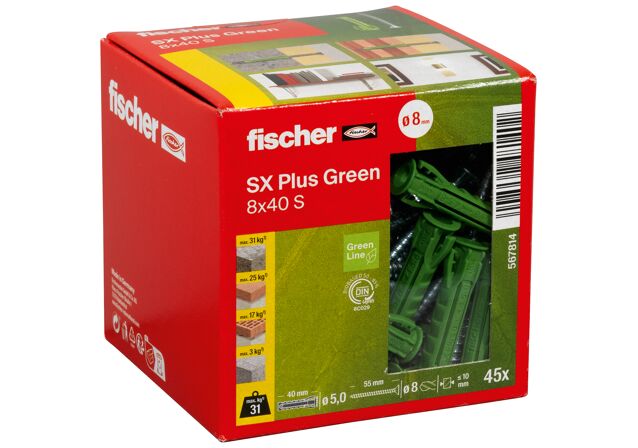 Packaging: "fischer plug SX Plus Green 8 x 40 S met schroef"