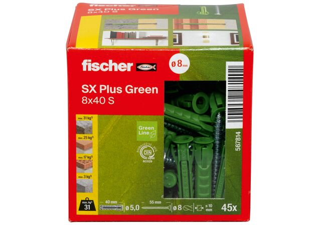 Verpackung: "fischer Spreizdübel SX Plus Green 8 x 40 S mit Schraube"