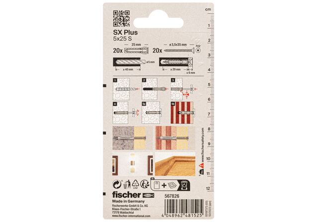 Packaging: "fischer Expansionsplugg SX Plus 5 x 25 S with screw"
